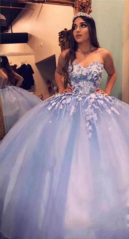 

Sky Blue Ball Gown Quinceanera Dresses Sweetheart Lace Appliques Crystal Beaded 3D Floral Flowers Sweet 16 Party Prom Dress Evening Gowns, Ivory
