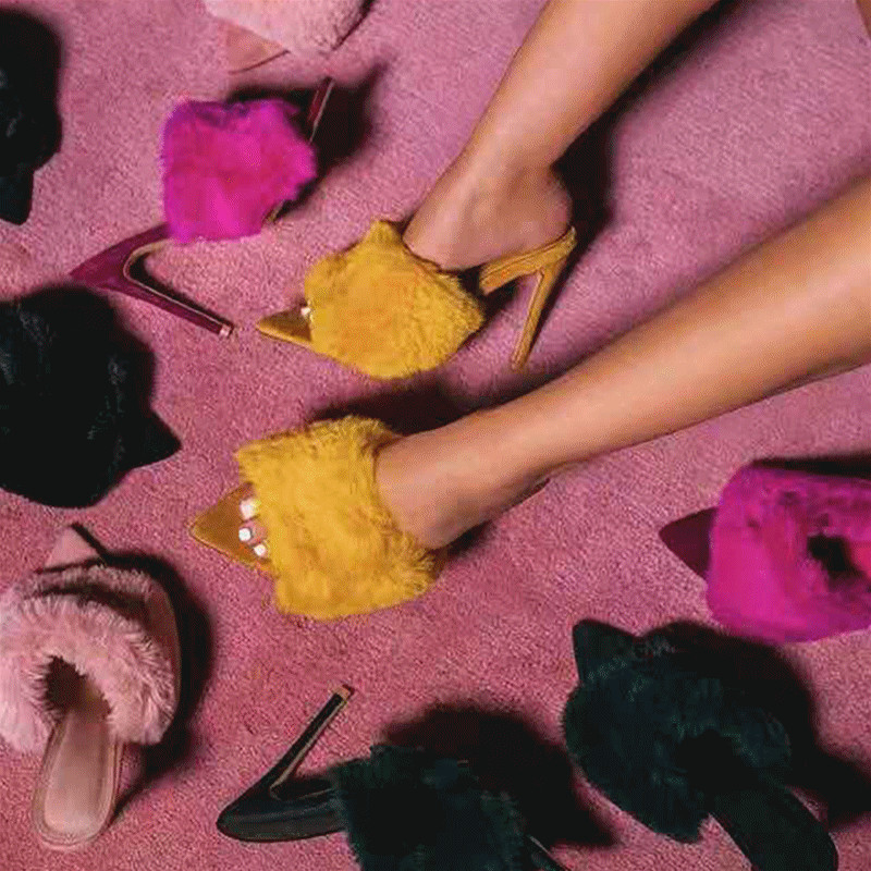 

2019 New European Station Candy Color Luxury Rabbit Fur High Heel Sandals Slippers Large Women Shoes Size 35-43 Y200620, Leopard microfiber