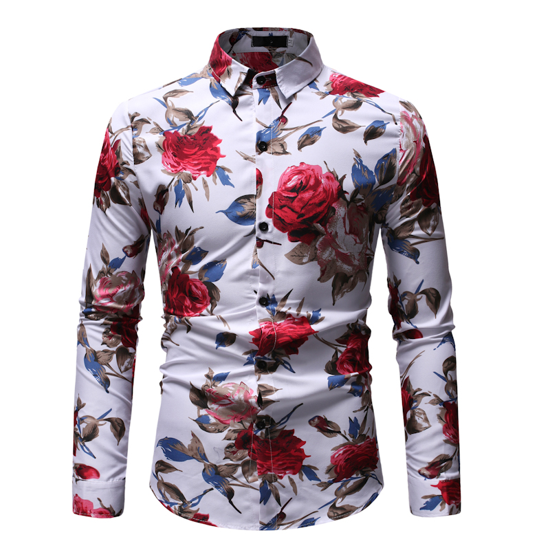 

2019 Hot Sell Floral Printed Man Dress Shirt Slim Fit Rose Printing Men Shirts Bar Wear Camisa Masculina Spring Blusas, Black