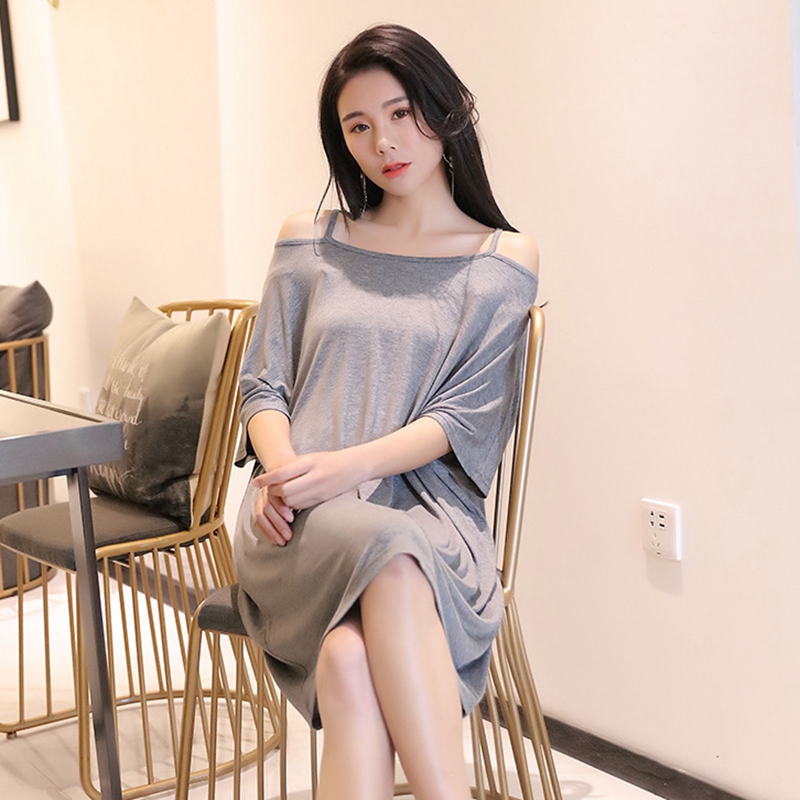 

Nightdress summer cotton loose large size fat mm pijama wear home clothes sexy female bat sleeves off-shoulder dress Sleepwear, Black