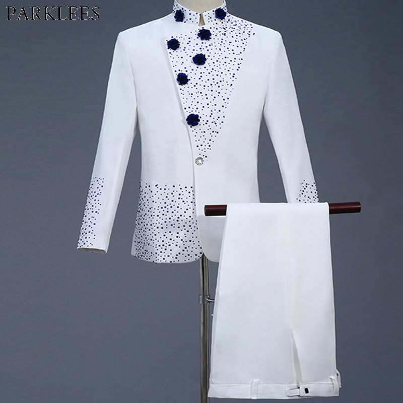 

Mens White Suit Diamond Floral Men Suit for Wedding Groom Tuxedo Mens Suits with Pants Party Slim Fit Men Suits Sets