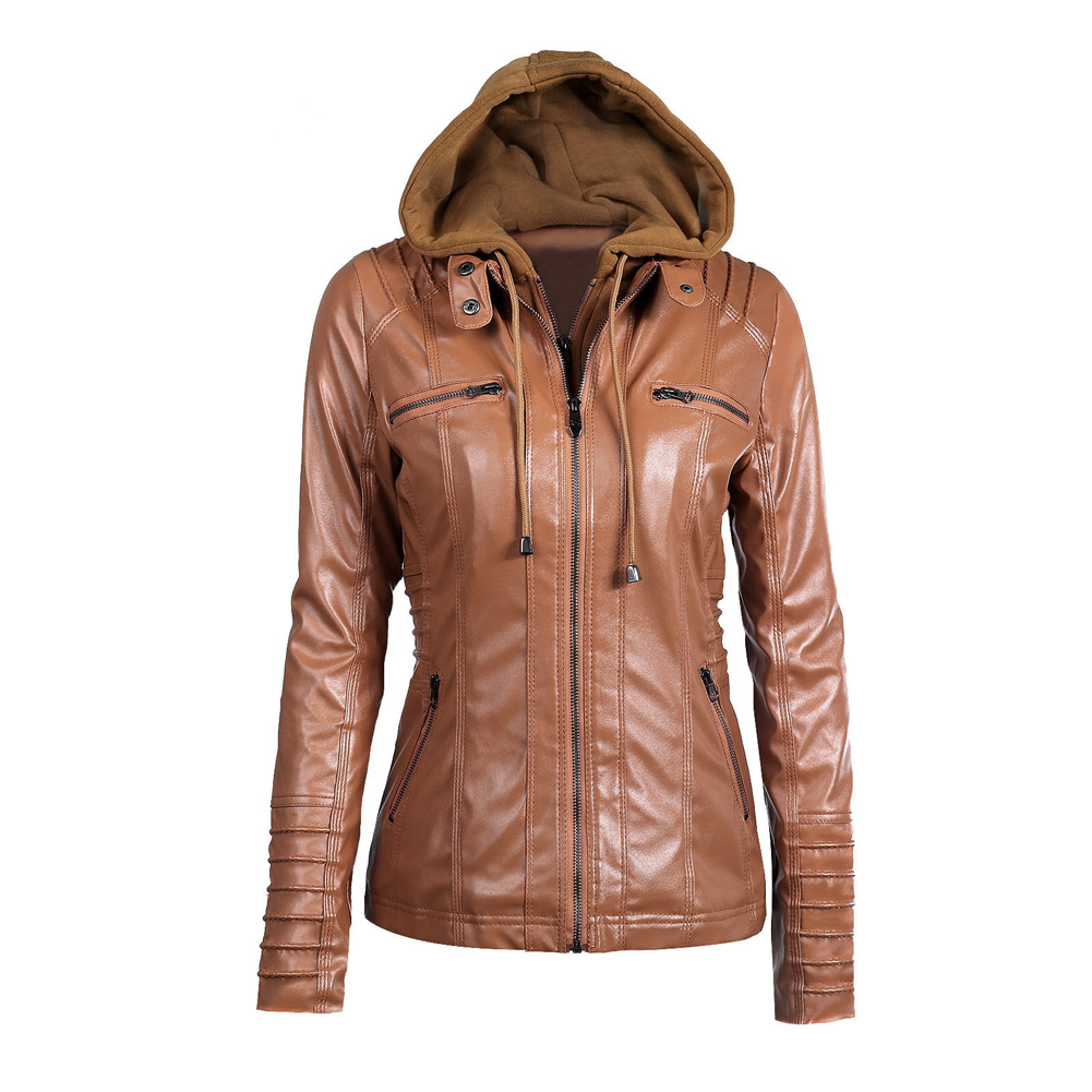 

7XL Plus Size Women' Faux Leather Jacket 2019 Autumn Winter Hooded Zippered Fake 2 Piece Slim Short Motorcycle Jacket Coat, Beige