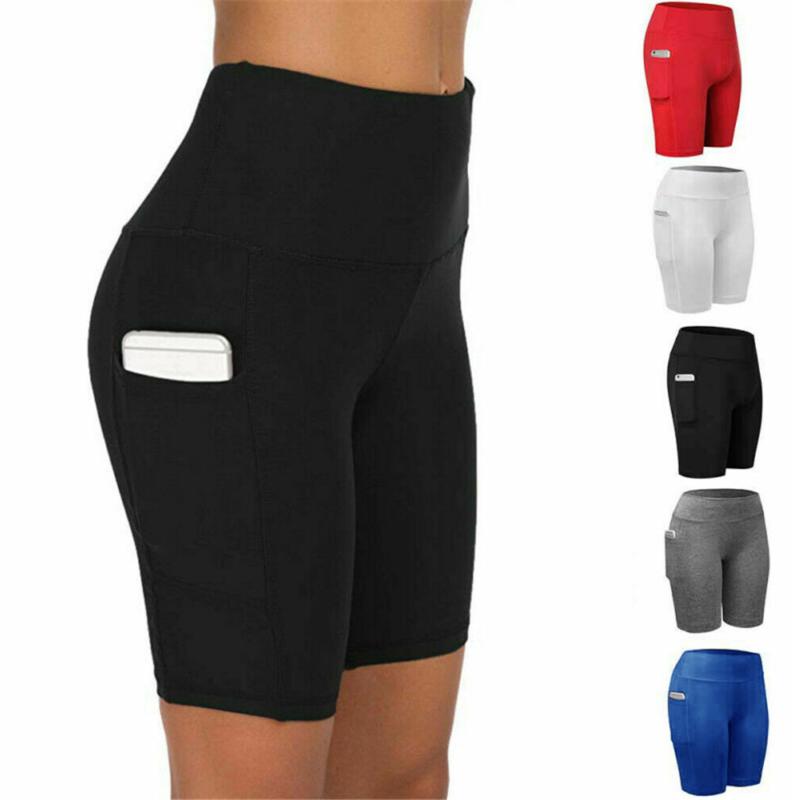 

Women high waist cycling biker shorts exercise running fitness leggings women shorts gym leggings with both side pocket, Black