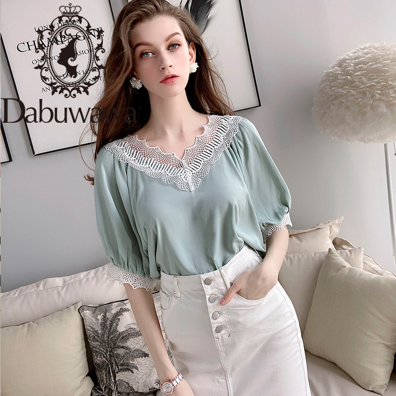 

Dabuwawa Summer Elegant Lace V-Neck Chiffon Blouse Women Sweet Lantern Sleeve Blouses Shirts Tops Office Lady DT1BCF016, Green