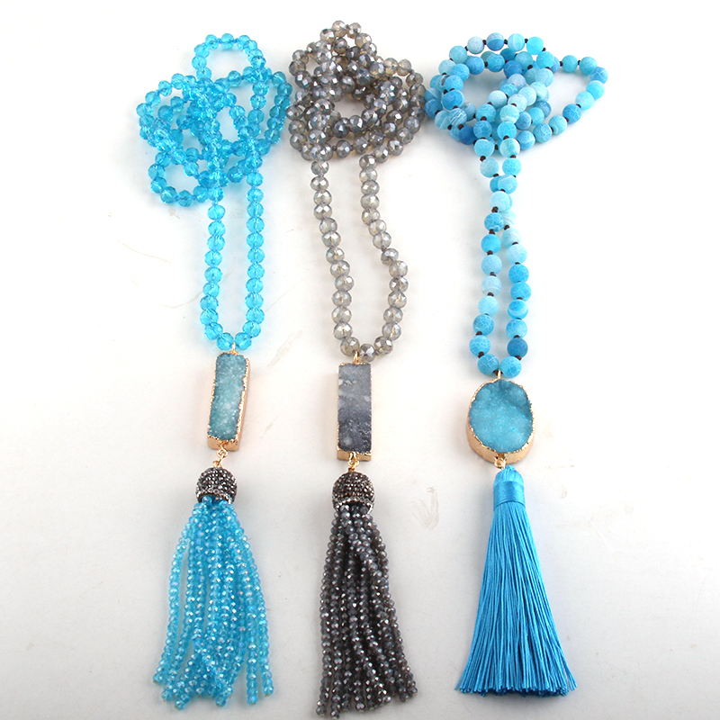 

RH Fashion Bohemian Tribal Jewelry Glass & Stone Long Knotted Druzy Link Crystal Tassel Necklaces For Women Necklace