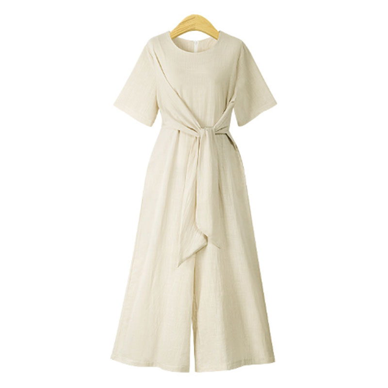 

2020 Summer European Style Women Jumpsuit Short Sleeve Cotton Linen Rompers Fashion Drawstring Bow Ladies Playsuit Plus Size 4XL, Beige