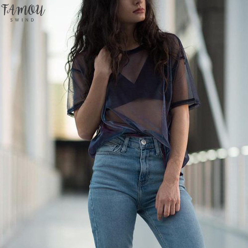 

2020 New Fashion Summer Women Hollow Transparent Round Neck Short Sleeve T Shirt Tops See Through T Shirt Harajuku Tshirt, Black