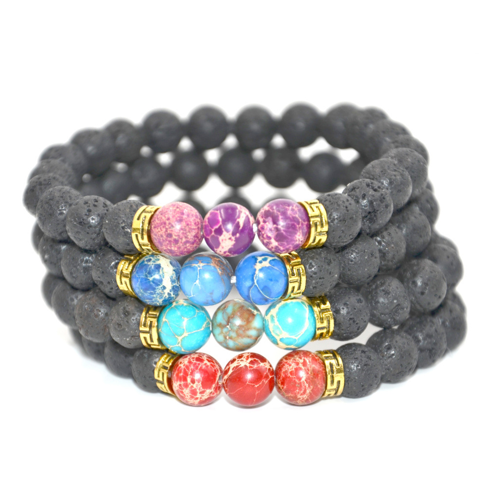 Fashion Brand Mens Gift Jewelry Handmade 8MM Bead Strands Colorful Natural Stone Gold Alloy Space Bracelet-image-439645927