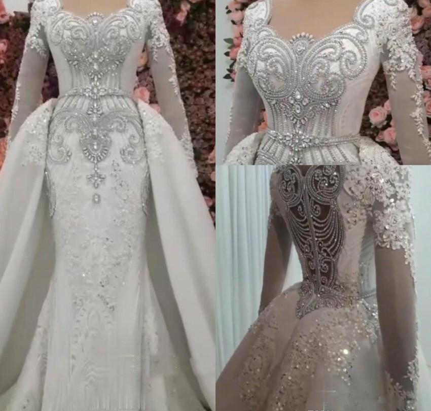 

New Arrival Mermaid Long Sleeves Wedding Dresses 2019 Vintage Rhinestones Beaded Garden Country Bride Bridal Gowns Custom Made Plus Size, Red