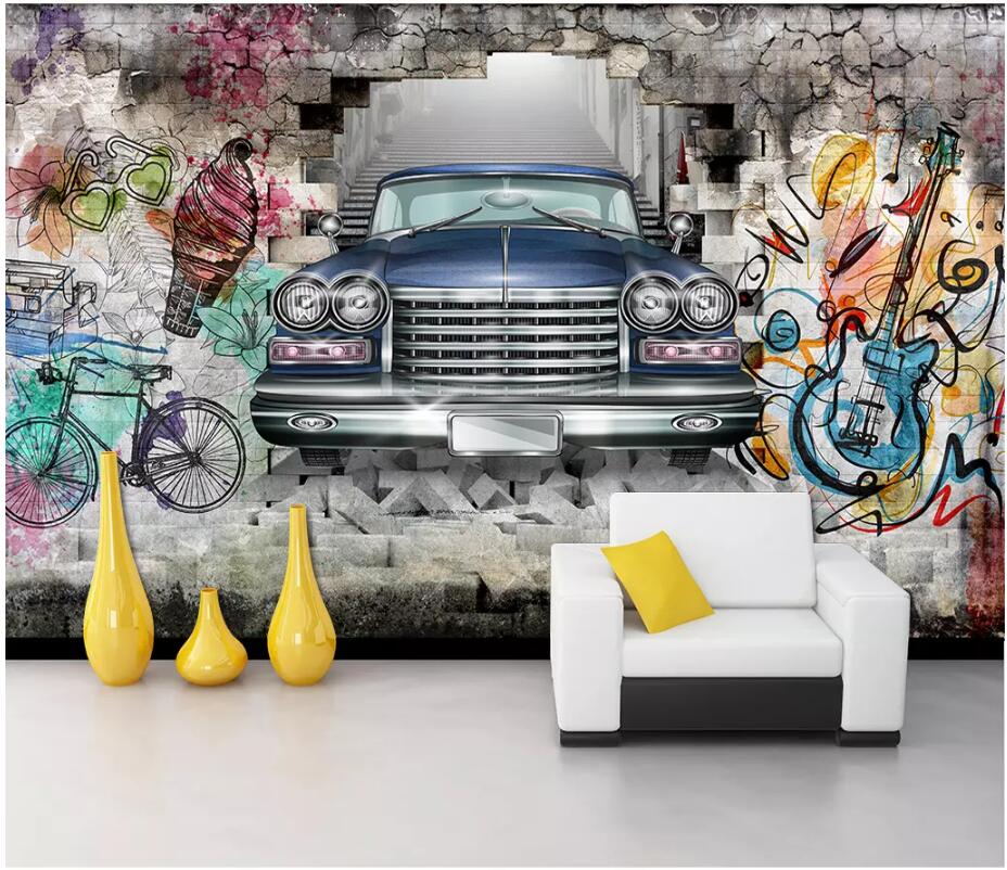 

custom photo 3d wallpaper Vintage car hand drawn graffiti wall tv background living room home decor 3d wall murals wallpaper for walls 3 d, Non-woven wallpaper