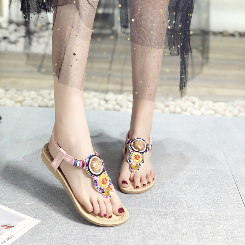 

sweet Bohemia Women Sandals 2020 Shoes Women Designers summer Shoes open toe soft sole t-strap flat sandals, Pink