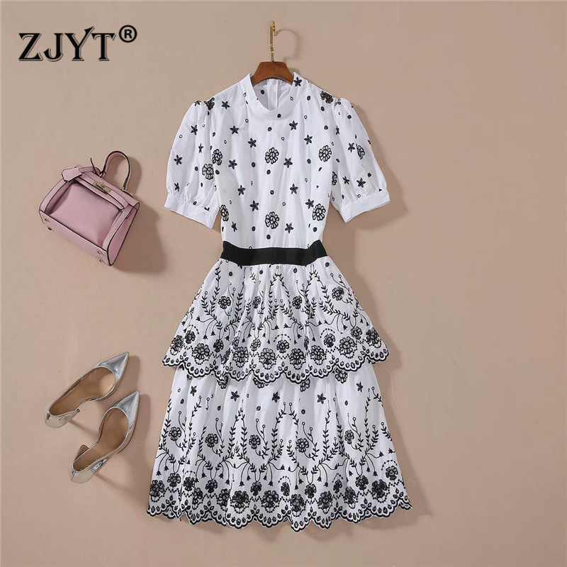 

Europe Fashion Summer Runway Dress High Quality Women Short Sleeve Elegant Hollow Embroidery Ruffle Cake Holiday Dress Vestidos, White