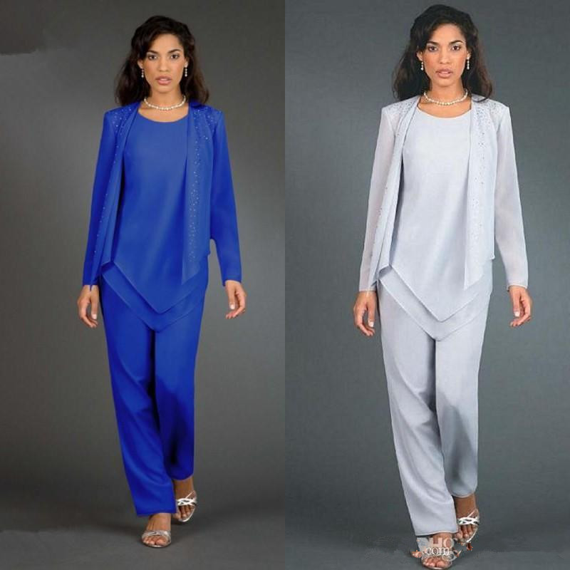 

2019 New Mother Of The Bride Groom 3 Piece Pant Suit Silver Chiffon Beach Wedding Mothers Dress Long Sleeves Beads Formal Evening Wear