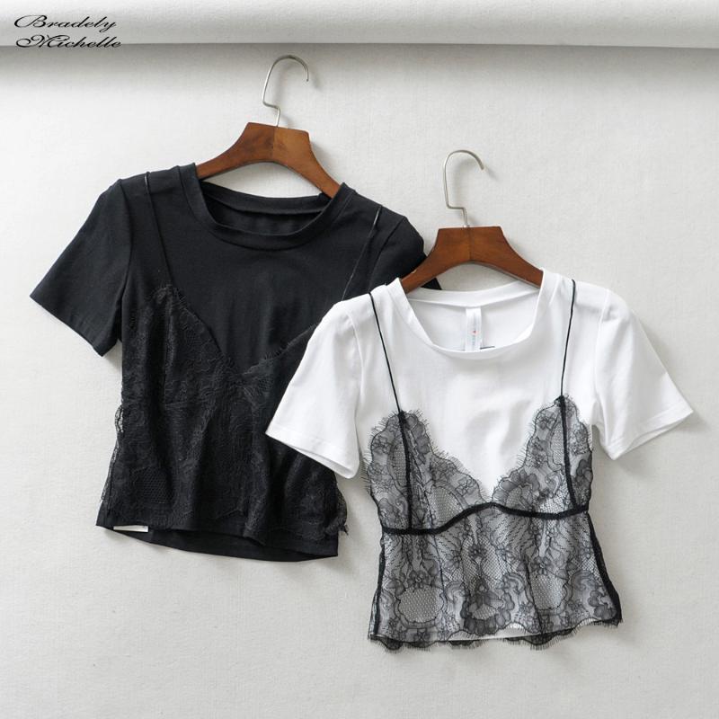 

Bradely Michelle Summer Girl Sexy False Two-piece Crop Tops with lace Women short fit T-shirts, Black