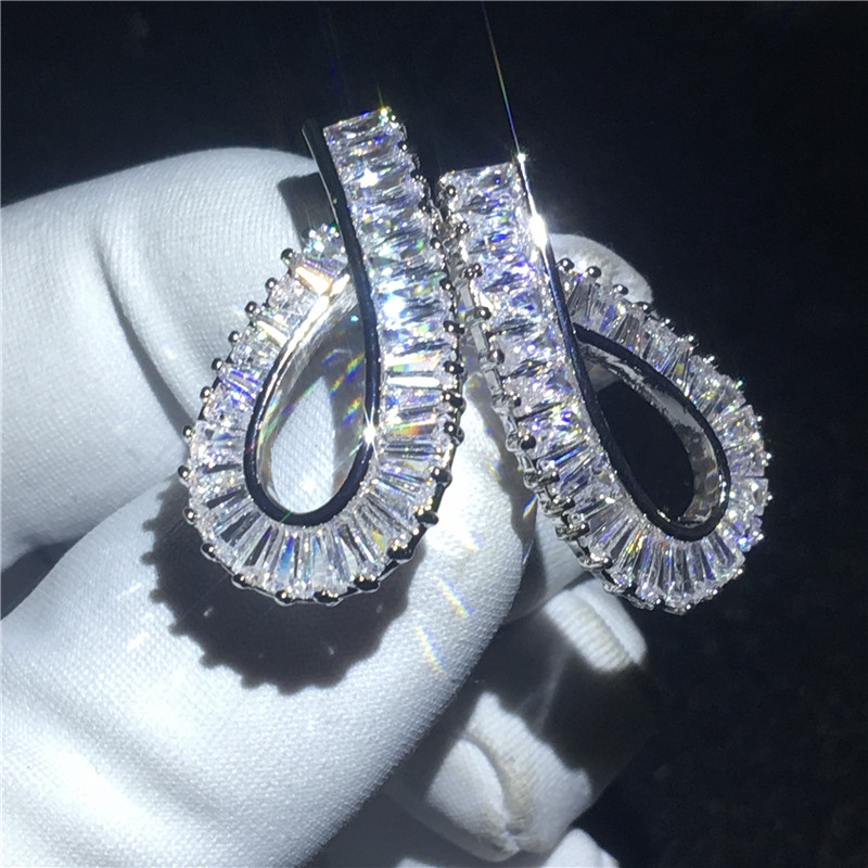 Boucles d'oreilles pendantes de tennis faites à la main en or blanc rempli de princesse coupe 5A Cz boucles d'oreilles de mariage de fiançailles