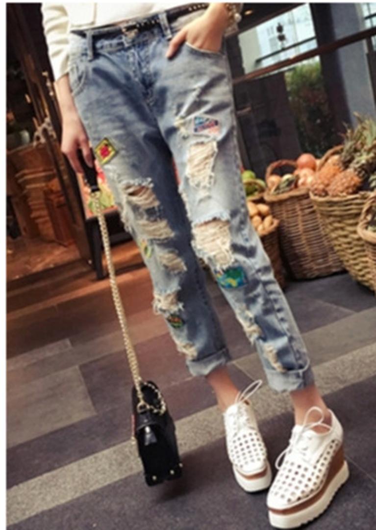 

Fashion Womens Destroyed Ripped Distressed Slim Denim Jeans Boyfriend Jeans Sexy Hole Loose and high waist nine points Trousers, Jean blue
