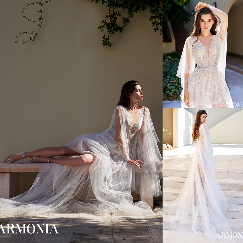 

Modest Tmarmonia A Line Wedding Dresses Jewel Neck Long Sleeve Tulle Lace Sequins Wedding Gowns Sweep Train robe de mariée, Gray