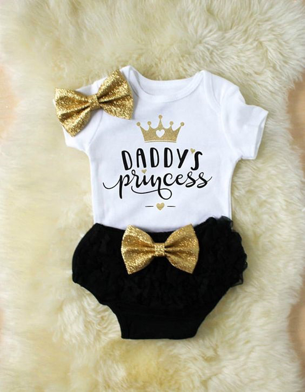 

Daddy's Princess Newborn Baby Girls Romper+Tulle Pants Headband 3Pcs Clothes, Black white