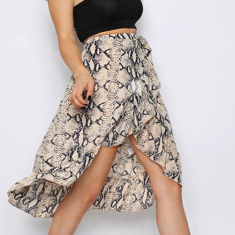 

2020 Sexy Snake Pattern Skirts Womens High Waist Tie Bow Ladies Animal Print Ruffle Hem Midi Skirt Woman New Faldas Mujer Moda, Black
