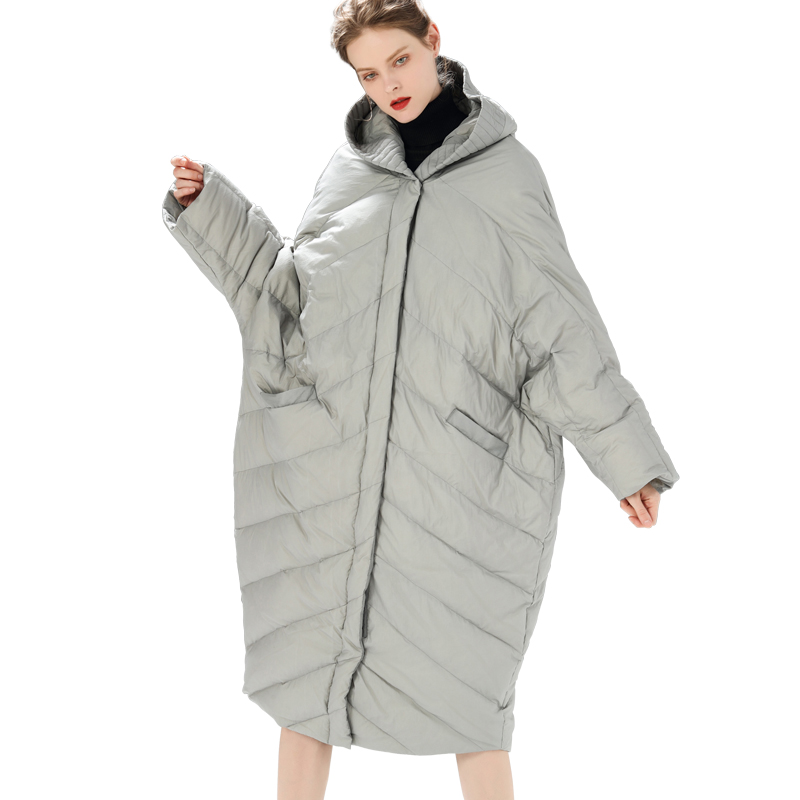 

2019 Long Cocoon White Duck Down Jacket Woman Parka Causal Feather Coat Plus Size Loose Hooded Outerwear Clothes fashion, Black