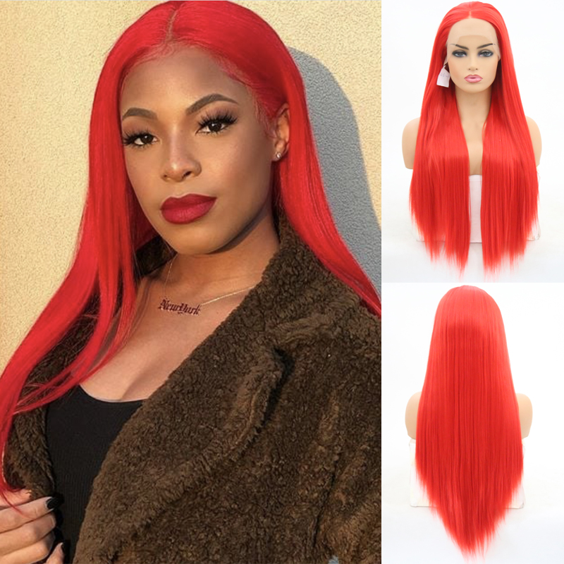 

Charisma Red Wig 26 Long Straight Hair High Temperature Fiber Synthetic Wigs for Women Middle Part Synthetic Lace Front Wig, As pic