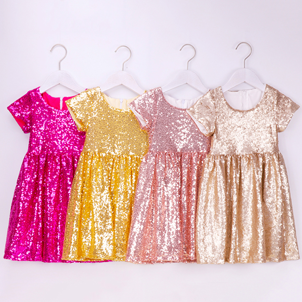 2020 Toddler Girls Glitter Dress Kids Sequin Sparkle Solid Pink Silver
