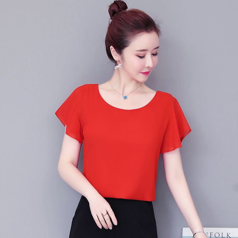 

New Women Chiffon Blouse Summer 2020 Fashion All-match Ruffle Short-sleeve Loose Tops Pullovers Thin Shirt Female Plus Size, Red