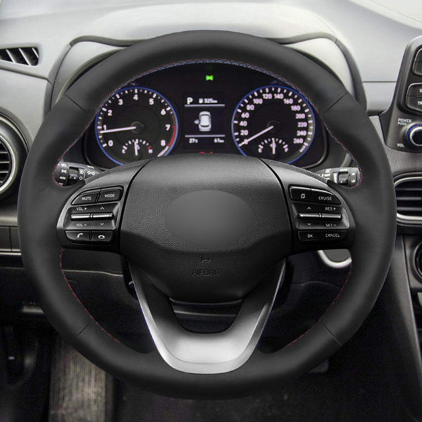 

Black Natural Leather Car Steering Wheel Cover for Hyundai Kona 2017 2018 2019
