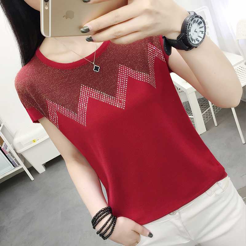 

Ice silk short sleeve tops summer 2020 Korean loose short knitted sweater women Hot drilling bright silk patchwork Pullover, Beige