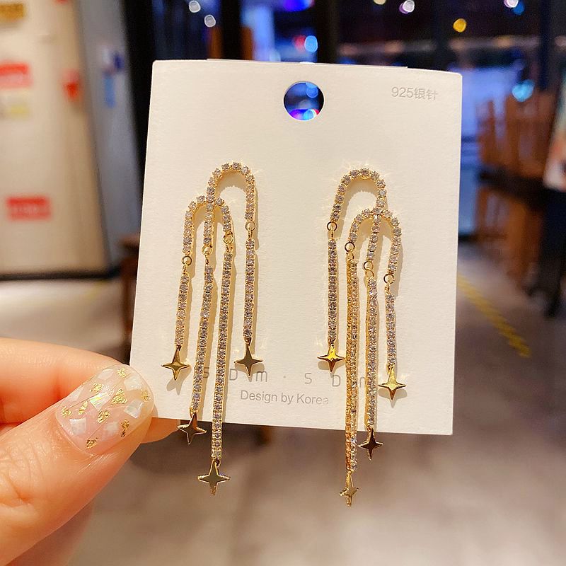 

High-end Bling Bling Long Design Star Crystal Earrings for Women Gold Color Dangle Earrings Jewelry