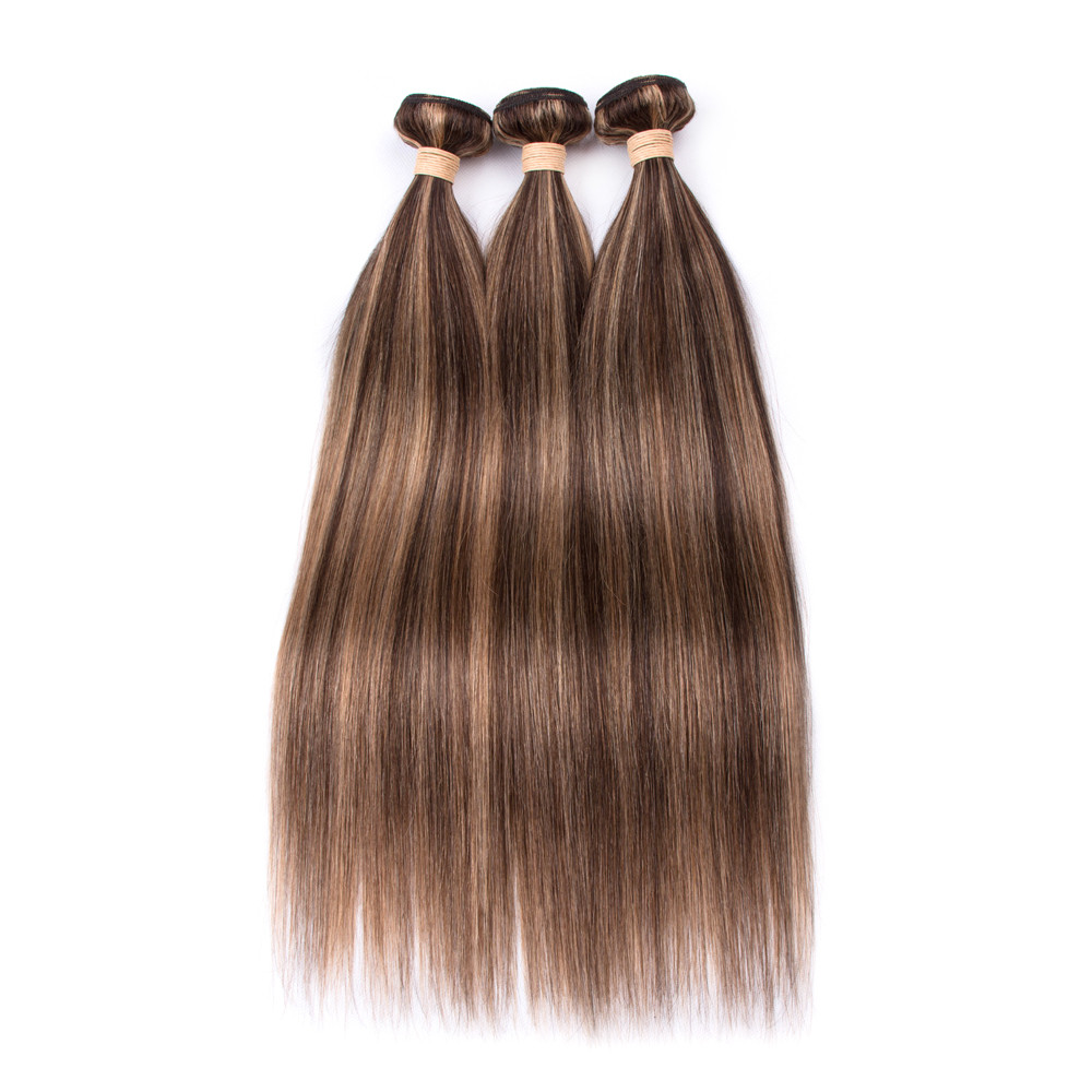 

Piano Color Indian Human Hair Bundles Silky Straight #4/27 Brown Highlight Mixed with Honey Blonde Piano Color Human Hair Weft Extensions, #4/27 piano color