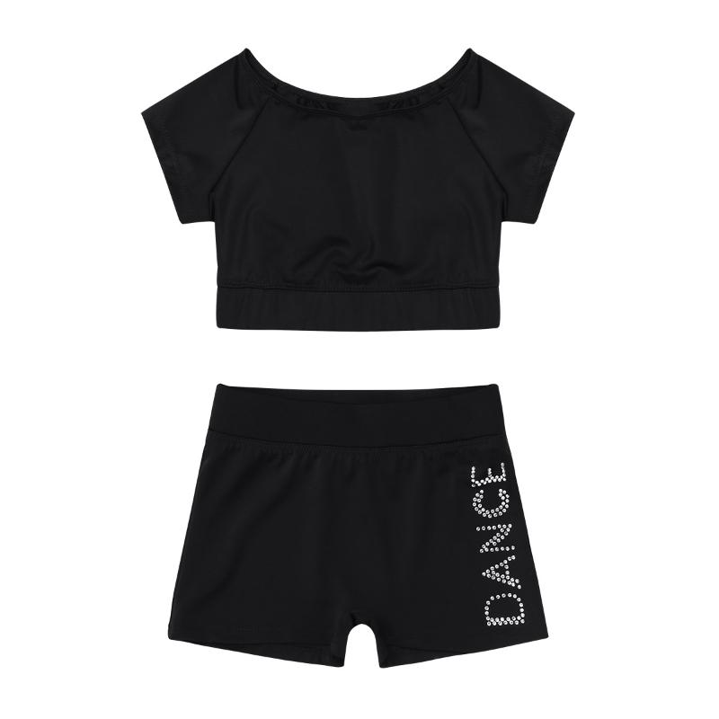 

Kids Two-piece Dance Wear Crop Tops with Letters Printed Shorts Set Gym Workout Outfit for Girls Ballet Gymnastics Practice, Black