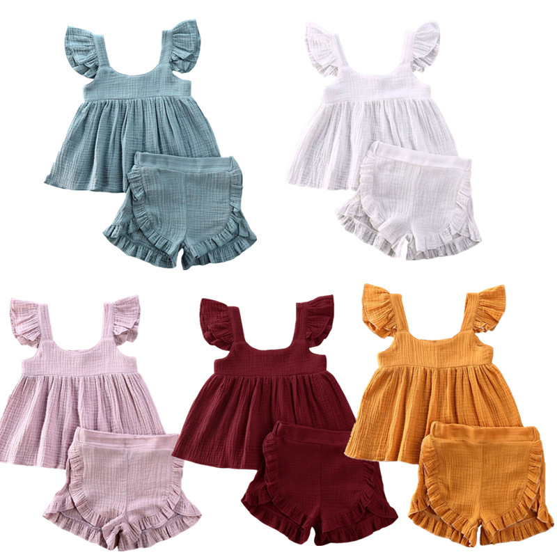 

NEW 2020 Summer Baby Girls Ruffles Clothes Set Cotton Summer Kids Sleeveless Tops Blouse+Shorts Suits 0-24M