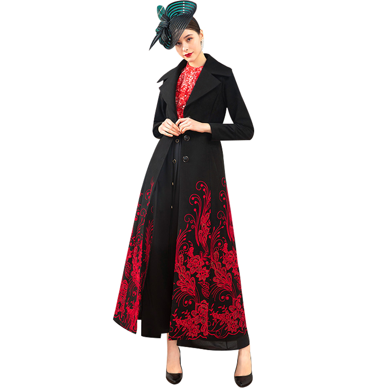 

New Floral Single Breasted Embroidery Long Coat Chinese Style Windbreaker Black Full Length Overcoat Runway DZ2380, As pic