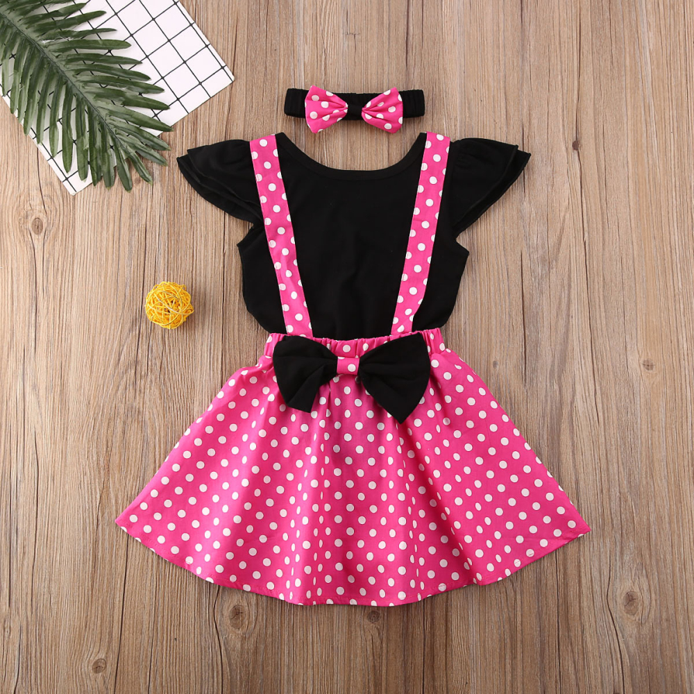 

2020 FLy sleeve Romper Ruffle Suspender Dress Headband Baby Autumn Newborn Infant Toddler Baby Girl Polka Dot Dress 3pc Outfit Set, Pink