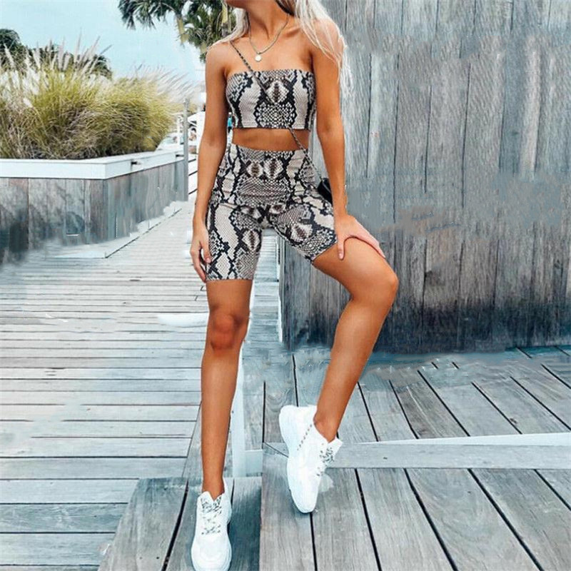 

Fashion Sexy Snake Print Sport Yoga Set Women Bodycon Tube Tops High Waist Shorts Tracksuits Gym Workout Clothes Sportswear, As pic