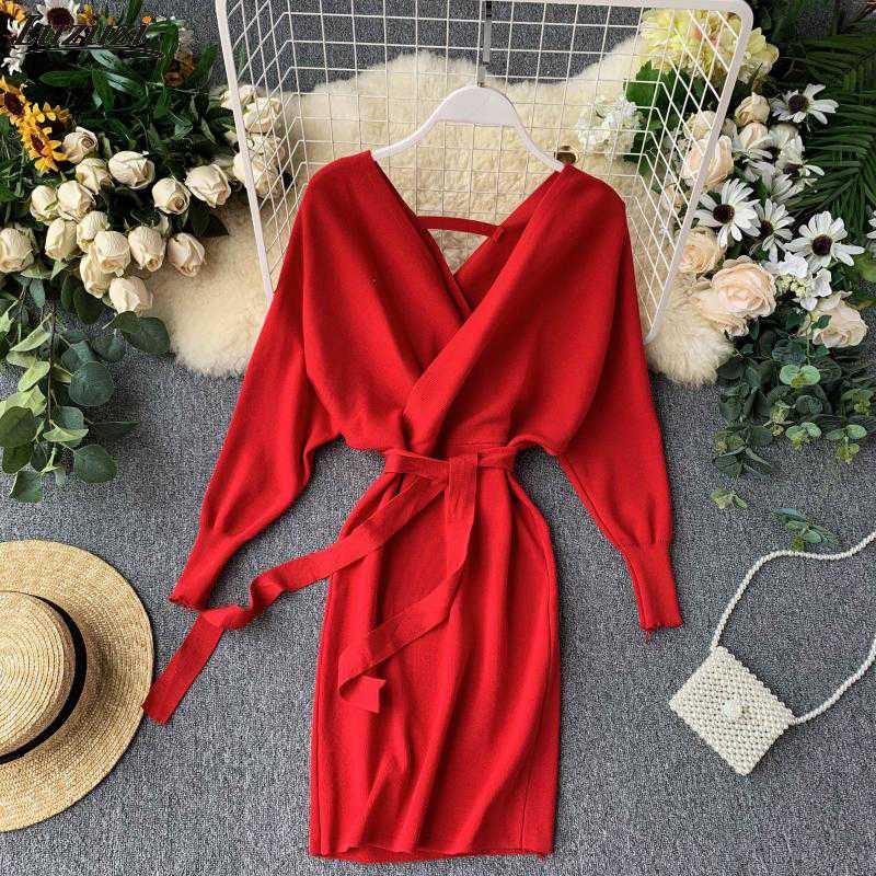 

Luzuzi Autumn Winter Women Knitted Sweater Dress 2020 New Korean Long Batwing Sleeve V Neck Elegant Dress Ladies Bandage, Green sweater