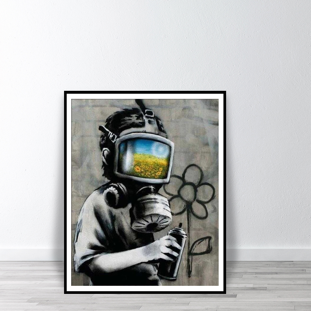 

BANKSY Canvas Sunflower Field Mask Wall Art Painting Street Graffiti Printable Painting Home Decor Large Picture For Living Room 191003