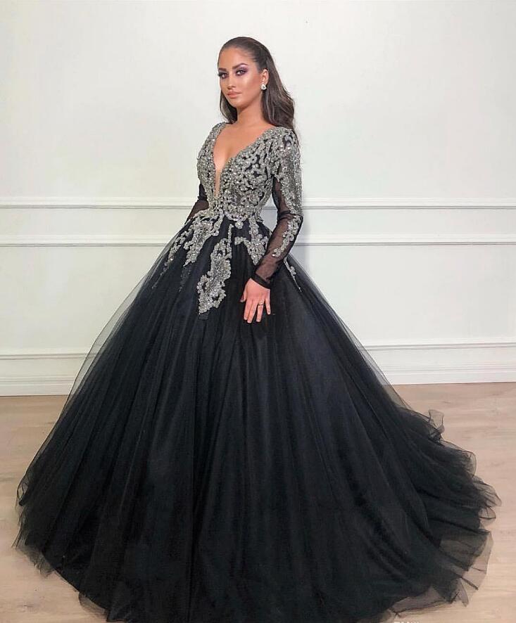 

Dubai Arabic Black Ball Gown evening Dresses V Neck Long Sleeves Sequined Beads Lace Applique Sweet 16 prom Quinceanera Dresses Vestidos, Silver