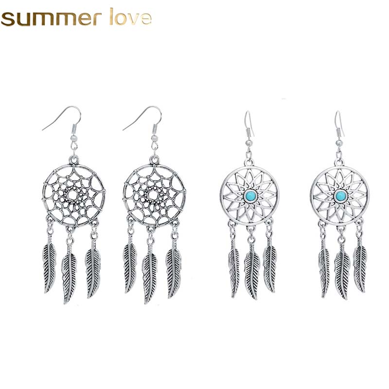 

New Arrival Dreamcatcher Feather Leaf Dangle Earring for Women Silver Plating Long Hook Earring Trendy Jewelry Wholesale