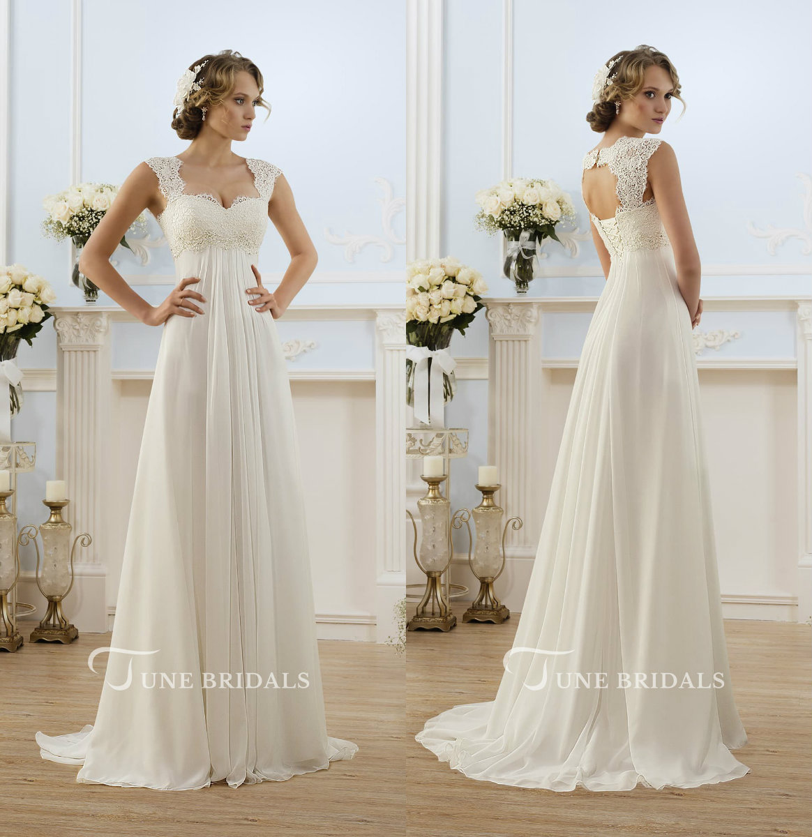 

Chic Country Wedding Dresses Square Neck Lace Appliqued Beads Sweep Train Beach Wedding Dress Lace Up Back Boho Bridal Gowns Simple, Champagne