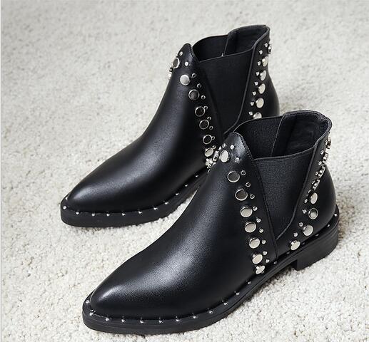 

Sales Free shipping Wholesales Pointed rivet booties Europe & US Fan thick with elastic belt boots comfortable wild Pointed, Black