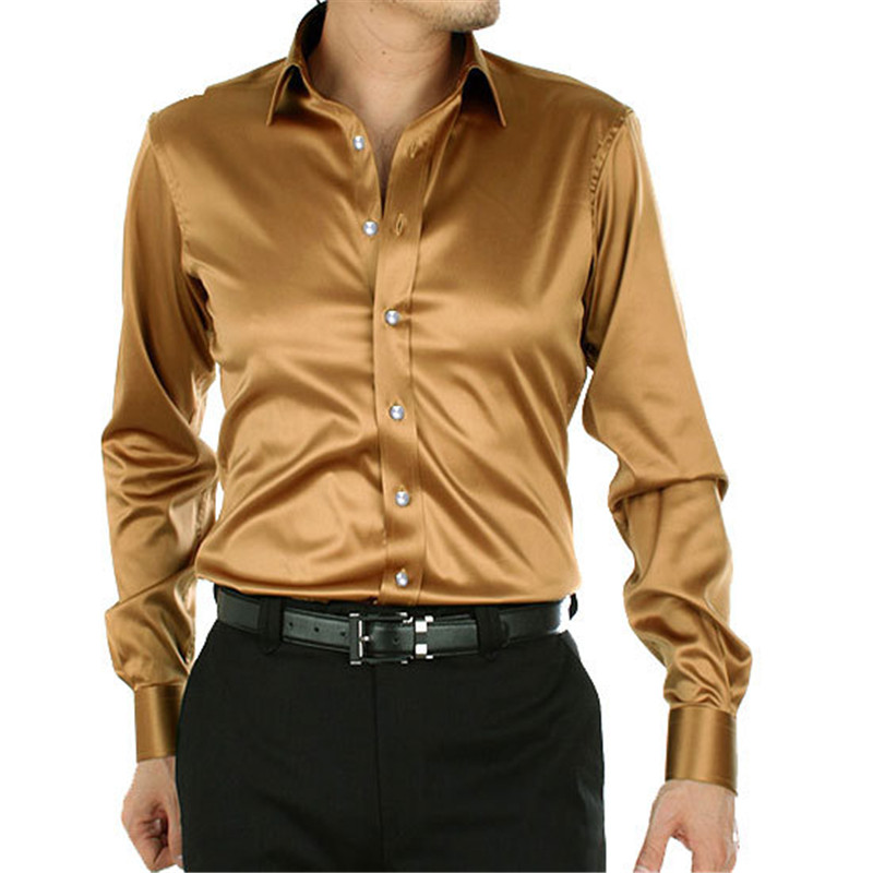 

Fashion Shiny Silky Satin Dress Shirt Luxury Silk Like Long Sleeve Mens Casual Shirts Performance Stage Wear, 13