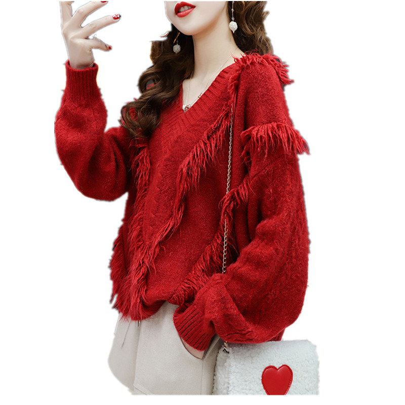

Tassel Pullover Knit Sweater Women Winter Clothes Lazy Loose Jumper V Neck Soft Knitted Autumn Tops Knitwear Pull Femme Sweaters, Brown