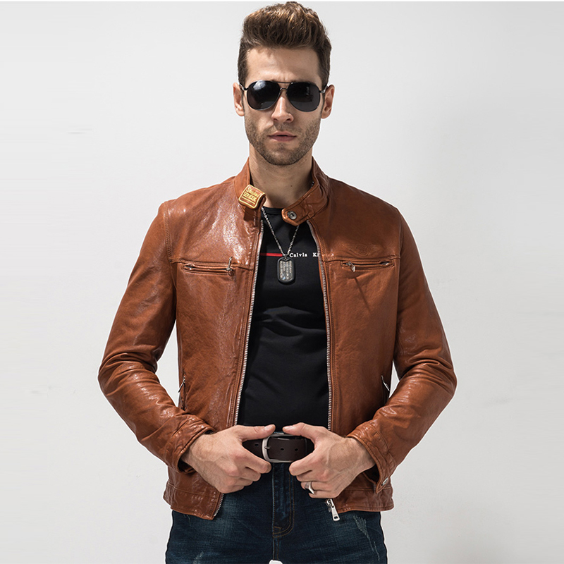 

2017 Casual Genuine Leather Jacket Men's Sheep Leather Coat Stand Collar Short Outerwear Motorcycle jacket Brown Color, Black