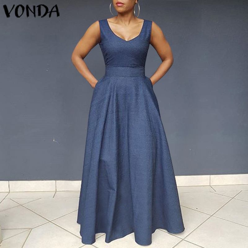 

VONDA Summe Dress Women Party Maxi Long Dress Beach Sundress Plus Size Sexy Sleeveless Bohemian Vestido Casual Robe Femininas, Black
