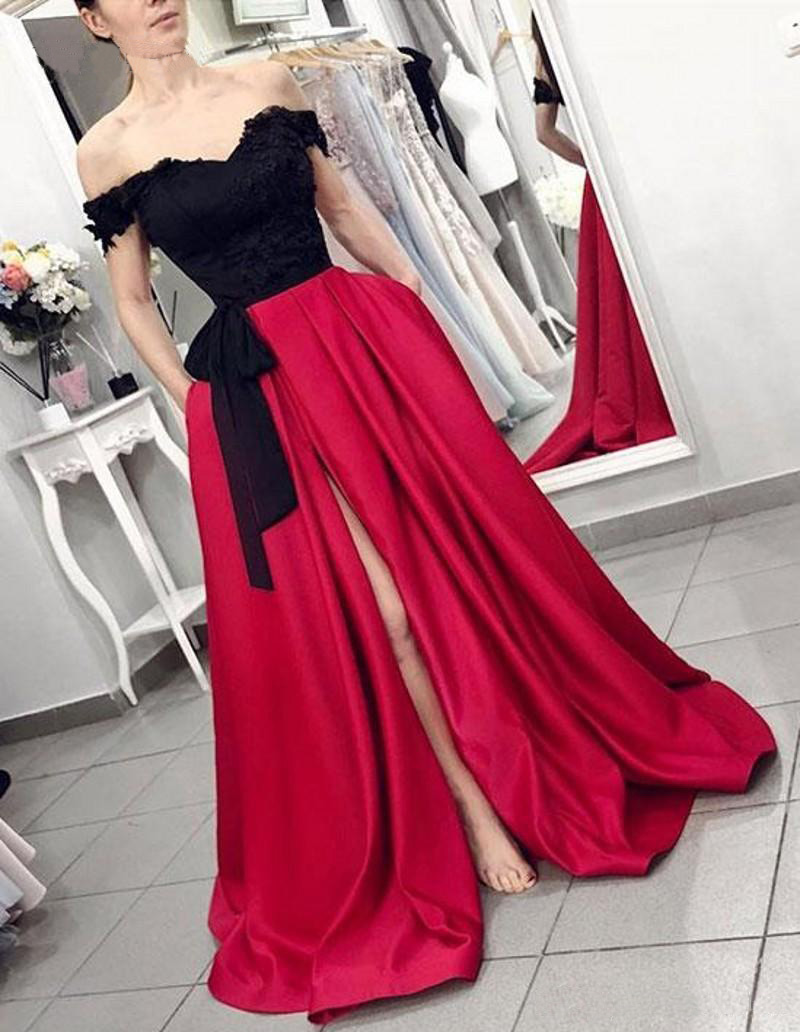 Setwell Off épaule A-ligne robes de soirée noir et rouge à manches courtes en dentelle plissée Longueur de Split Appliques Floor Prom Party Robes