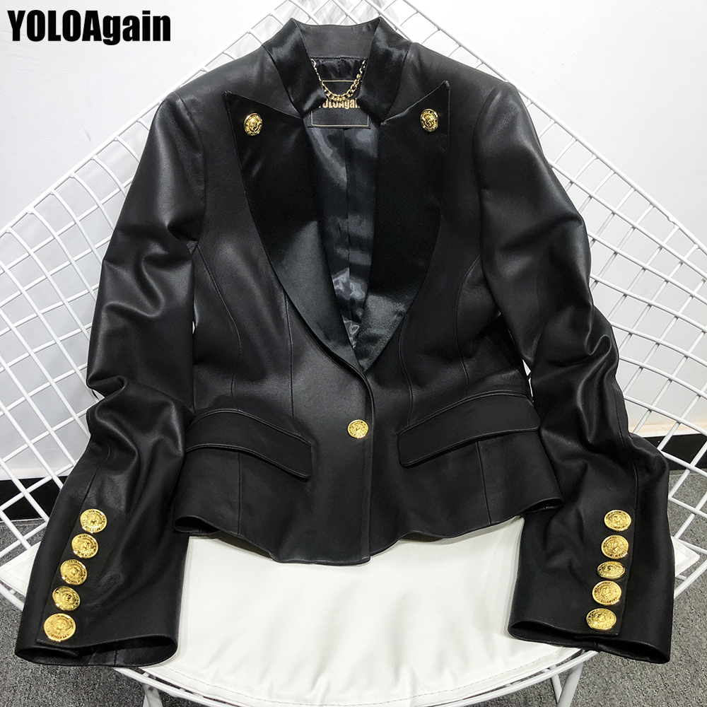

YOLOAgain Women genuine leather jacket ladies black real leather blazer