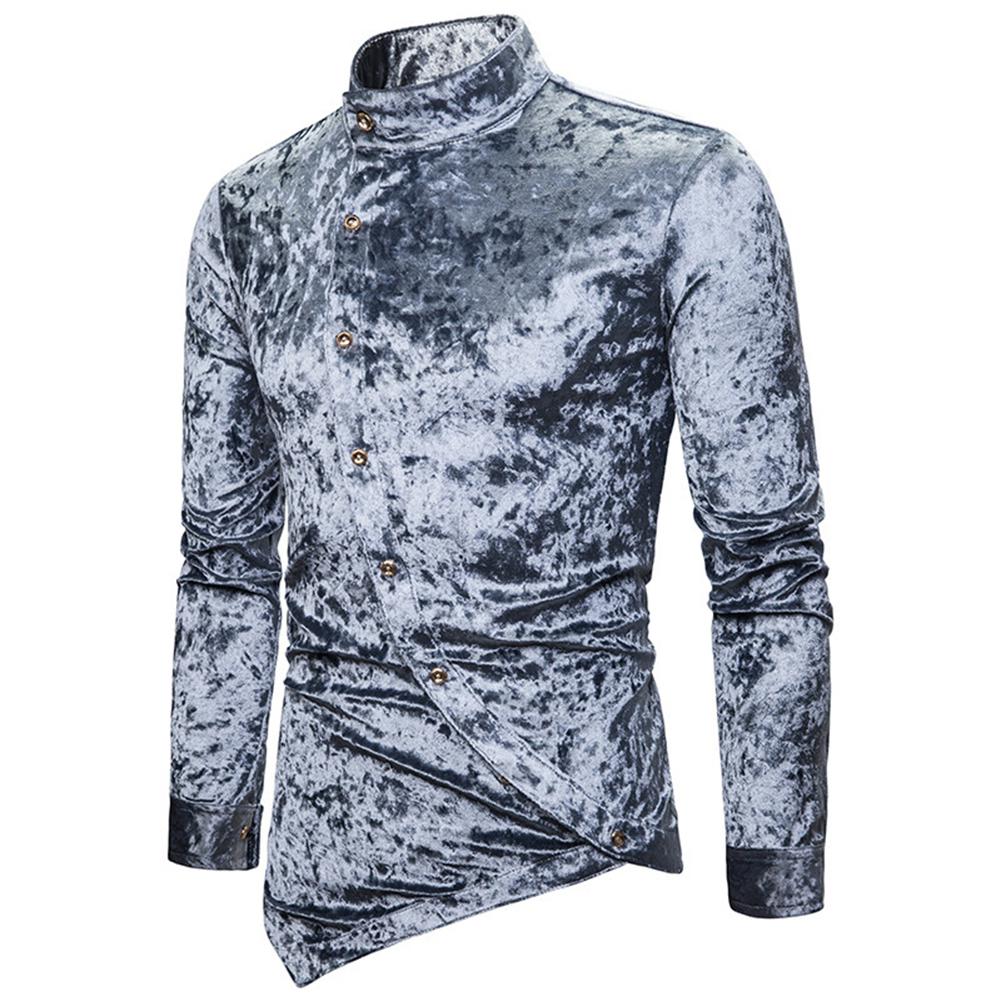

Yfashion Fashion Oblique Button Plush Surface Men Shirts Irregular Stand Neck Long Sleeve Shirt Mens Tops Male Elegant Shirts, Black