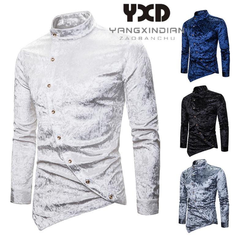

2020 Velvet Velour Shirt Men New Brand Oblique Button Irregular Hem Slim Fit Mens Shirts Camisa Masculina High Quality Tuxedo, Black